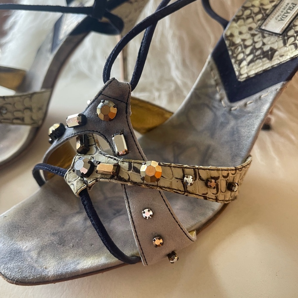 Vintage Prada Women's Strappy Heels - Black and Gold - Picture 6 of 16